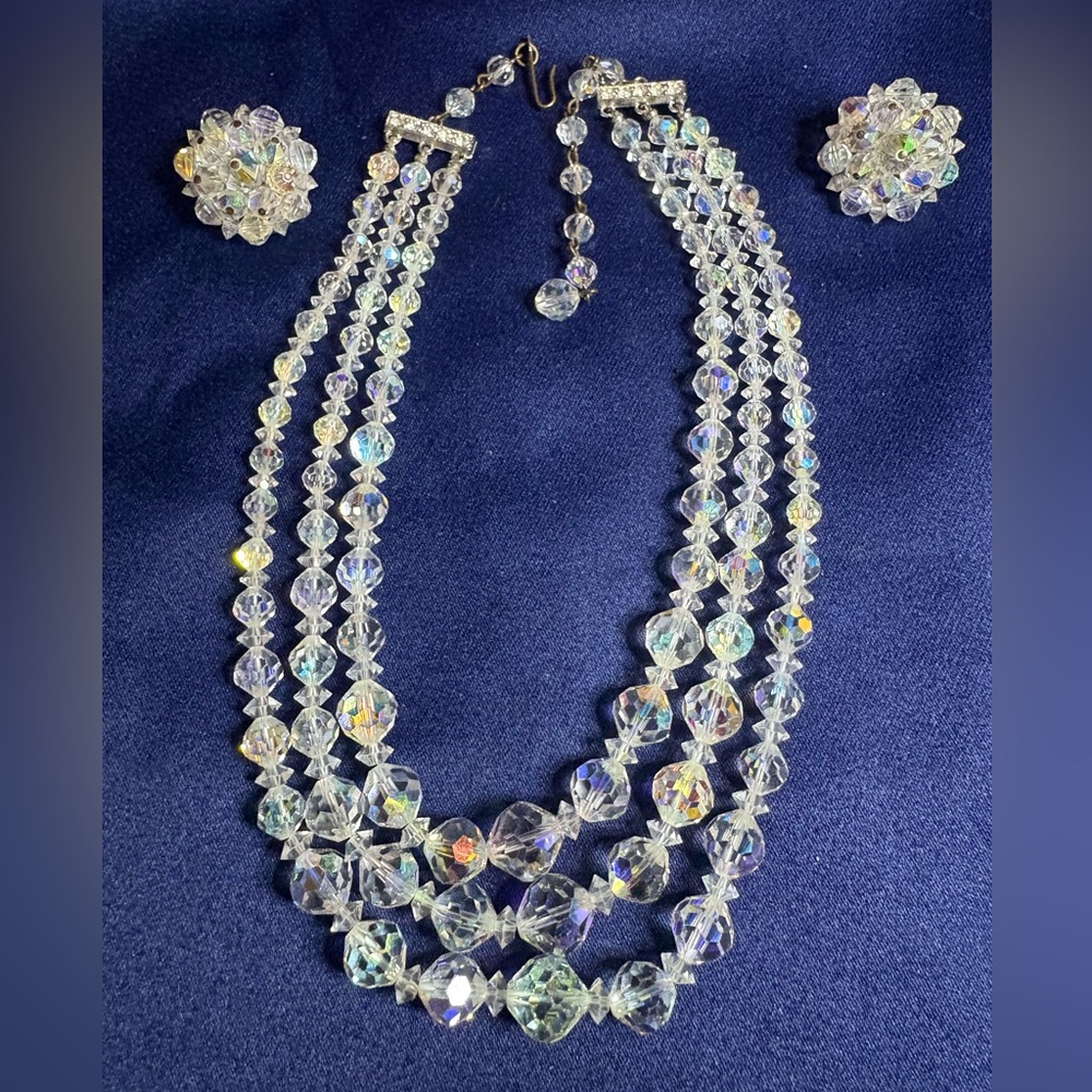 Vintage Laguna B Aurora Borealis Crystal 3 Strand Necklace w/Clip Earrings - Picture 5 of 9